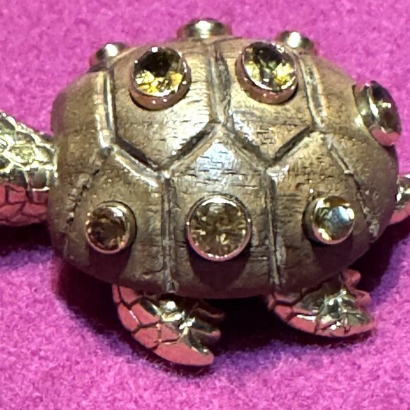 Vintage 14K Gold Turtle Brooch With Citrine Accents Petrified Wood Shell 2" X 1 - Picture 2 of 8
